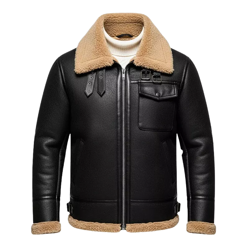 Men's Black Shearling Collar Leather Jacket – Winter B3 Bomber
