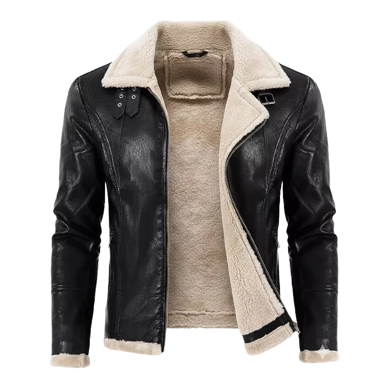 Men’s Black Sherpa-Lined Faux Leather Aviator Bomber Jacket