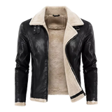 Men’s Black Sherpa-Lined Faux Leather Aviator Bomber Jacket