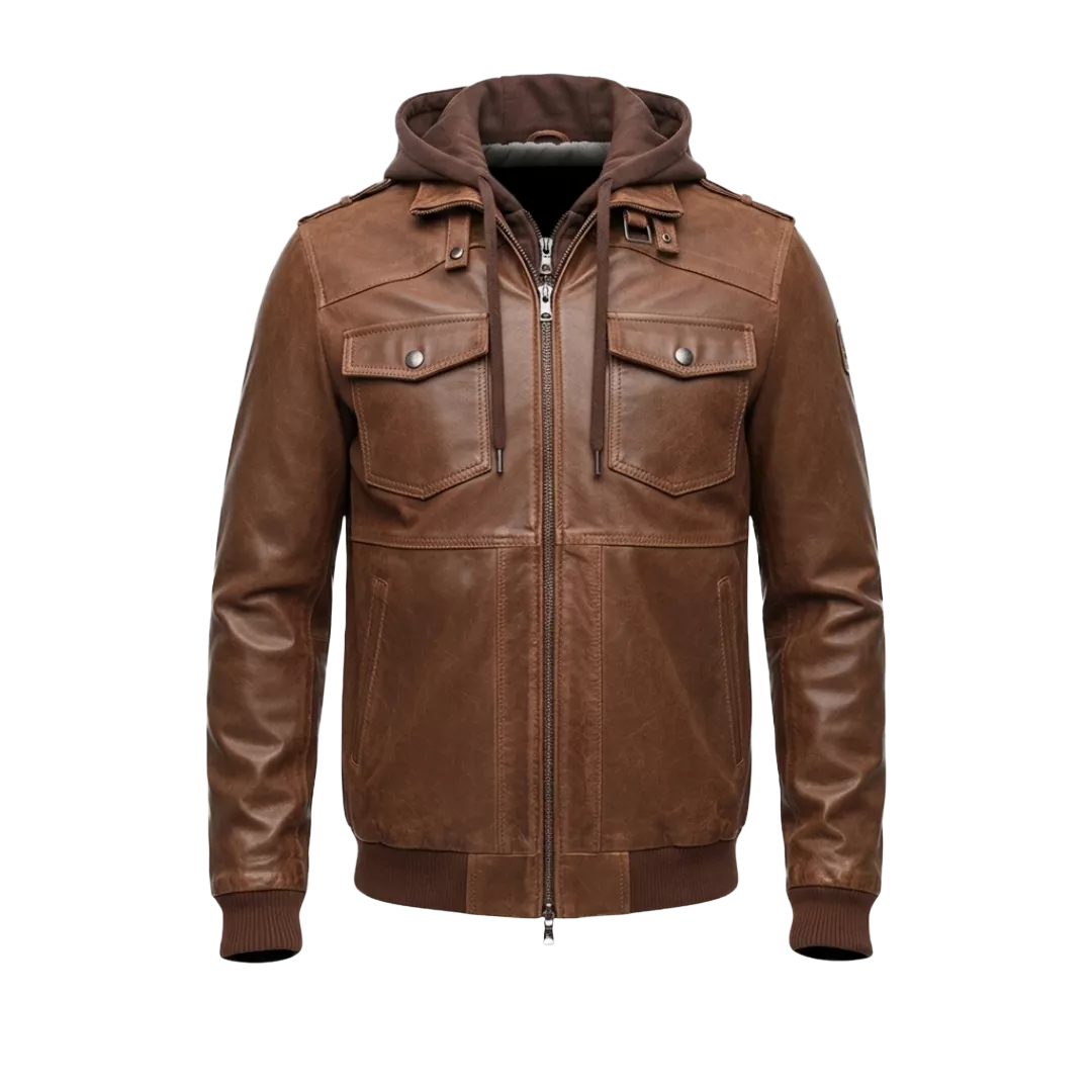 Men’s Brown Hooded Leather Bomber Jacket – Removable Hoodie, Multi-Pocket Design