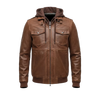 Men’s Brown Hooded Leather Bomber Jacket – Removable Hoodie, Multi-Pocket Design