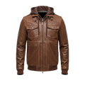 Men’s Brown Hooded Leather Bomber Jacket – Removable Hoodie, Multi-Pocket Design