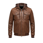 Men’s Brown Hooded Leather Bomber Jacket – Removable Hoodie, Multi-Pocket Design