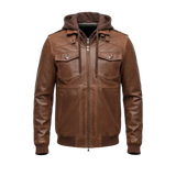 Men’s Brown Hooded Leather Bomber Jacket – Removable Hoodie, Multi-Pocket Design