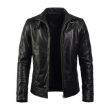 Men’s Black Cafe Racer Leather Jacket with Front Zip Closure