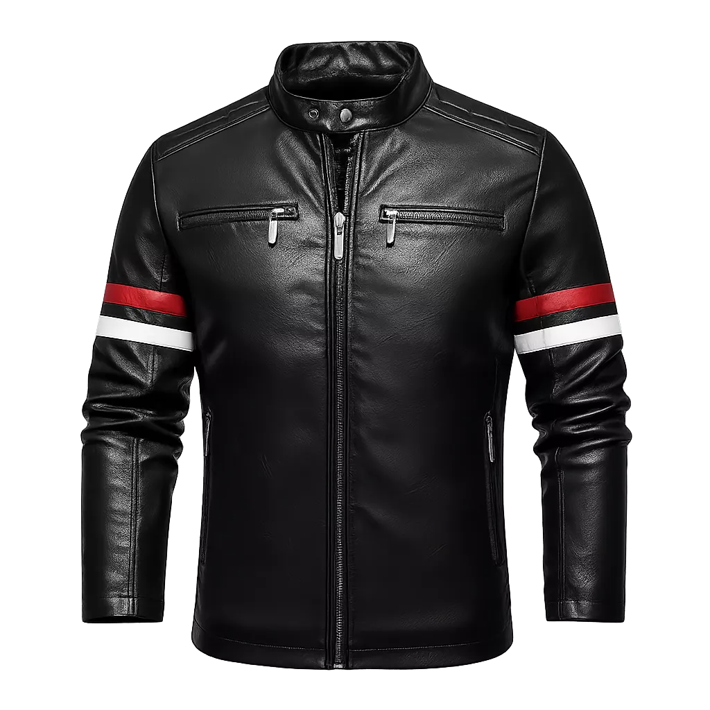 Herren-Motorradjacke aus Kunstleder – Biker-Oberbekleidung mit rot-weißem Streifen