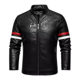 Men's Faux Leather Motorcycle Jacket – Red & White Stripe Biker Outwear