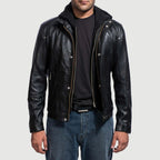 Men’s Black Hooded Leather Jacket – Casual Zip-Up Motorcycle Leather Jacket With Removable Hood