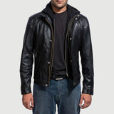 Men’s Black Hooded Leather Jacket – Casual Zip-Up Motorcycle Leather Jacket With Removable Hood