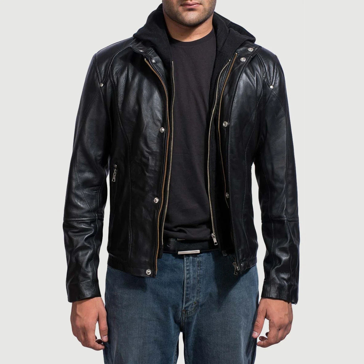 Men’s Black Hooded Leather Jacket – Casual Zip-Up Motorcycle Leather Jacket With Removable Hood