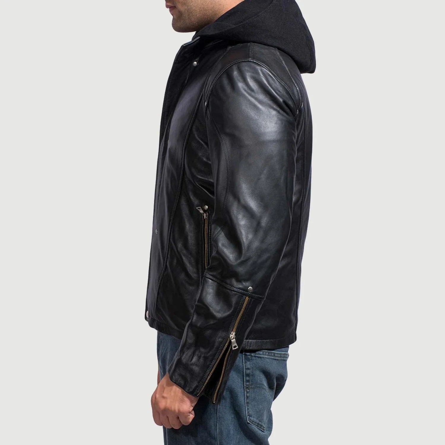 Men’s Black Hooded Leather Jacket – Casual Zip-Up Motorcycle Leather Jacket With Removable Hood