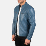 Blouson de motard homme en cuir bleu – Blouson de style Cafe Racer en cuir véritable de qualité supérieure
