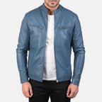Men's Blue Leather Jacket – Premium Genuine Leather Cafe Racer Motorcycle Jacket|