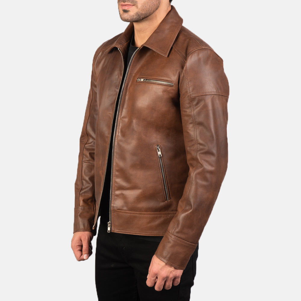 Blouson en cuir marron pour homme – Veste de motard Cafe Racer classique en cuir véritable