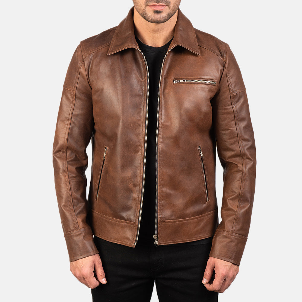 Blouson en cuir marron pour homme – Veste de motard Cafe Racer classique en cuir véritable