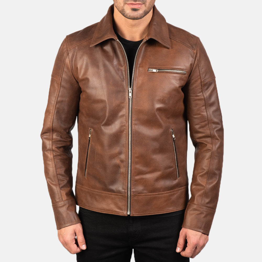 Blouson en cuir marron pour homme – Veste de motard Cafe Racer classique en cuir véritable