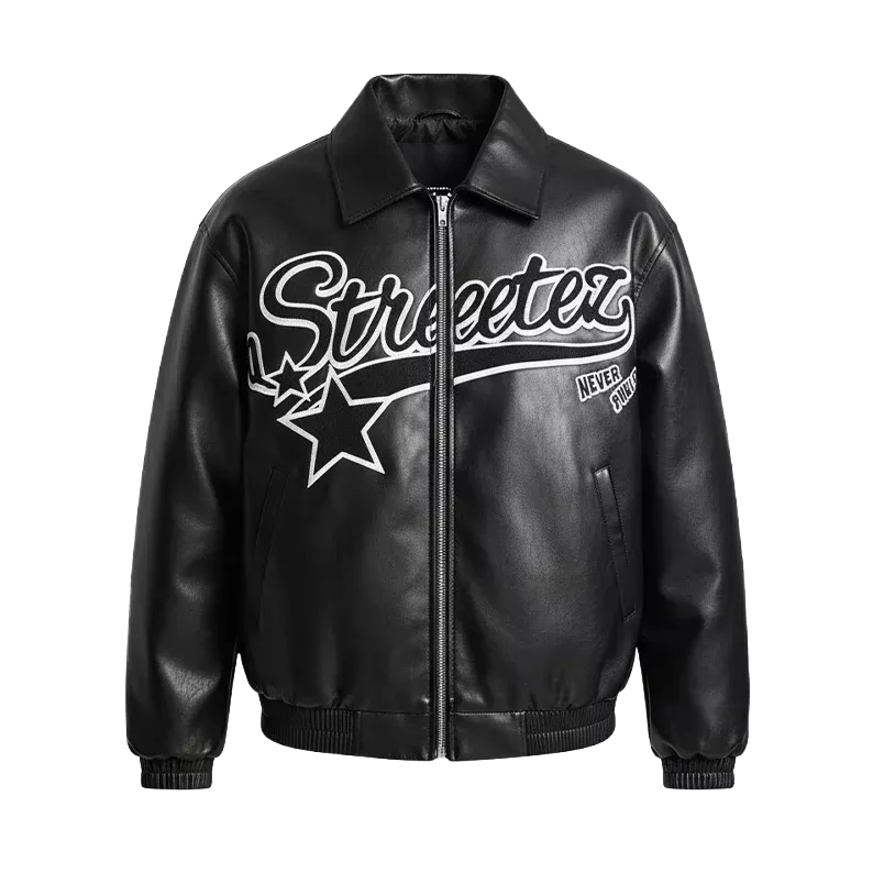 Blouson aviateur en similicuir style urbain avec lettrage pour homme – Vêtement d'extérieur motard zippé