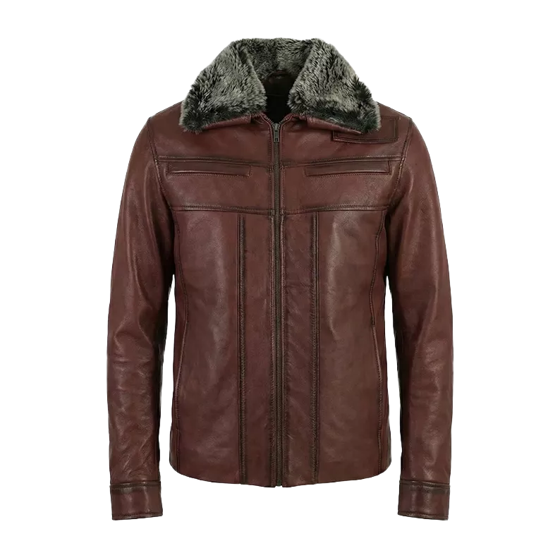 Men’s Premium Burgundy Leather Aviator Jacket with Faux Fur Collar