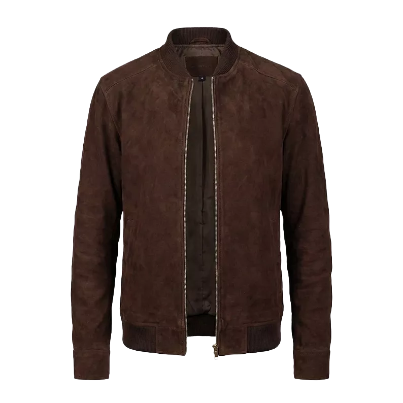 Blouson aviateur en cuir suédé chocolat haut de gamme pour homme – Style urbain minimaliste