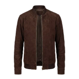 Blouson aviateur en cuir suédé chocolat haut de gamme pour homme – Style urbain minimaliste