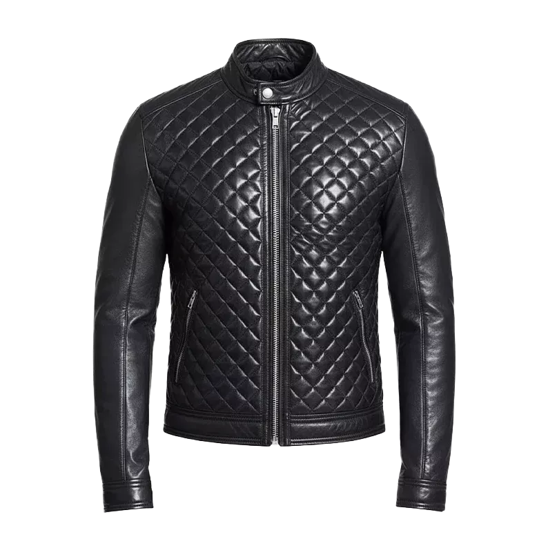 Herren Steppjacke aus PU-Leder – Slim Fit Bikerjacke mit Reißverschluss