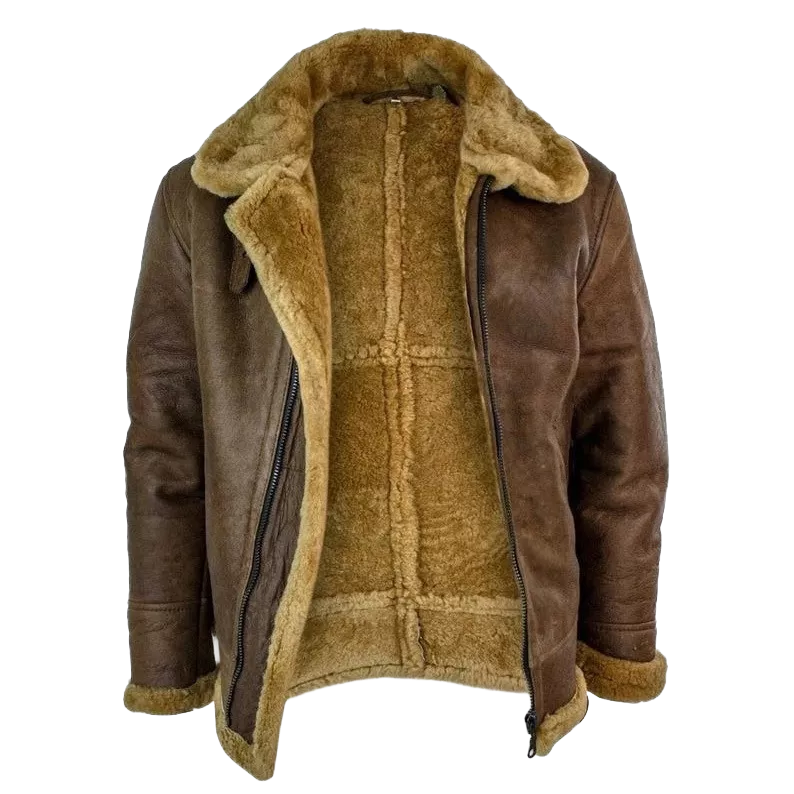 Men's Brown RAF Shearling Leather Jacket – Faux Sheepskin Lined Winter Coat