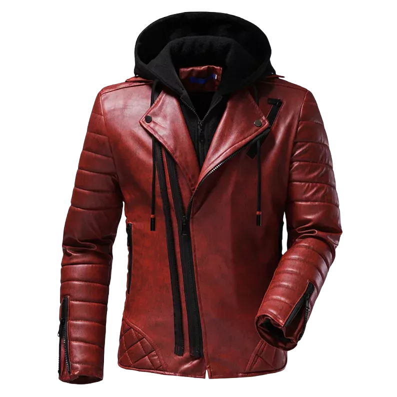 Men’s Red Moto Leather Jacket with Removable Hoodie – Quilted Biker Style