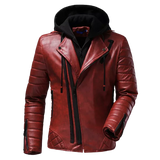 Men’s Red Moto Leather Jacket with Removable Hoodie – Quilted Biker Style