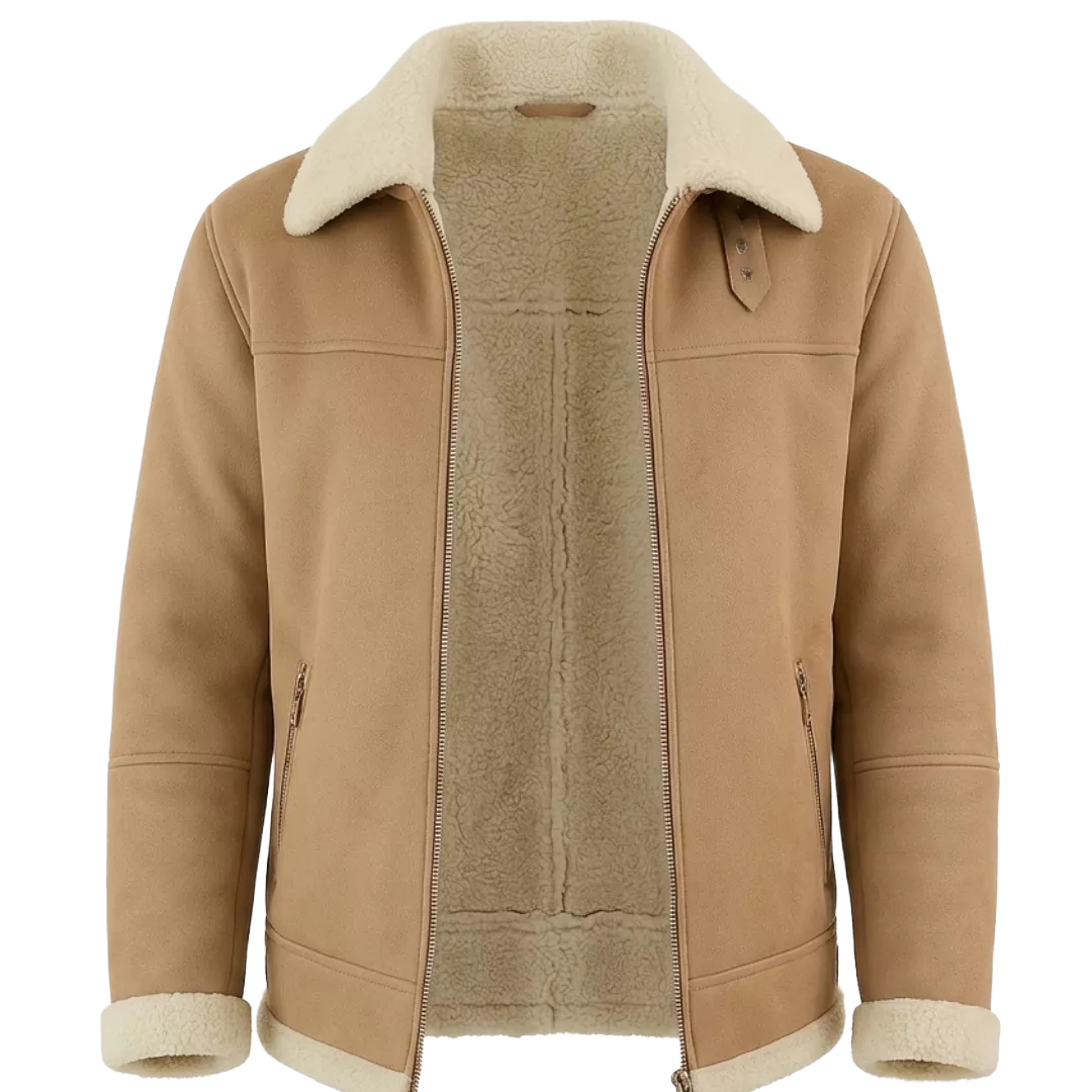 Men's Beige Shearling Leather Jacket – Premium Aviator Sheepskin Winter Coat