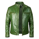 Men’s Vintage Forest Green Leather Cafe Racer – Hand-Burnished Biker Jacket