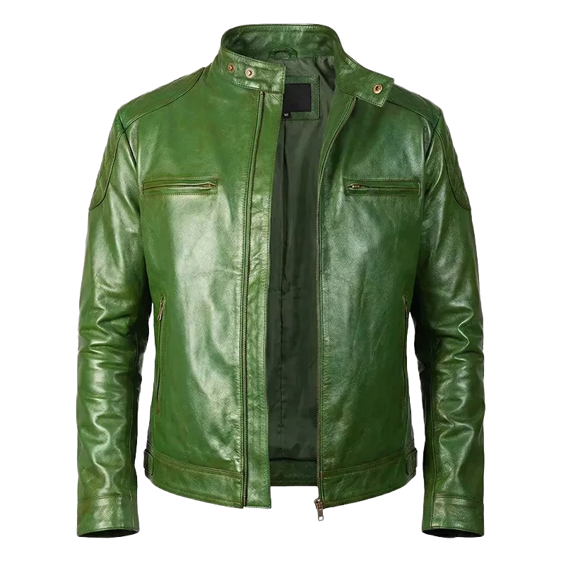 Men’s Vintage Forest Green Leather Cafe Racer – Hand-Burnished Biker Jacket