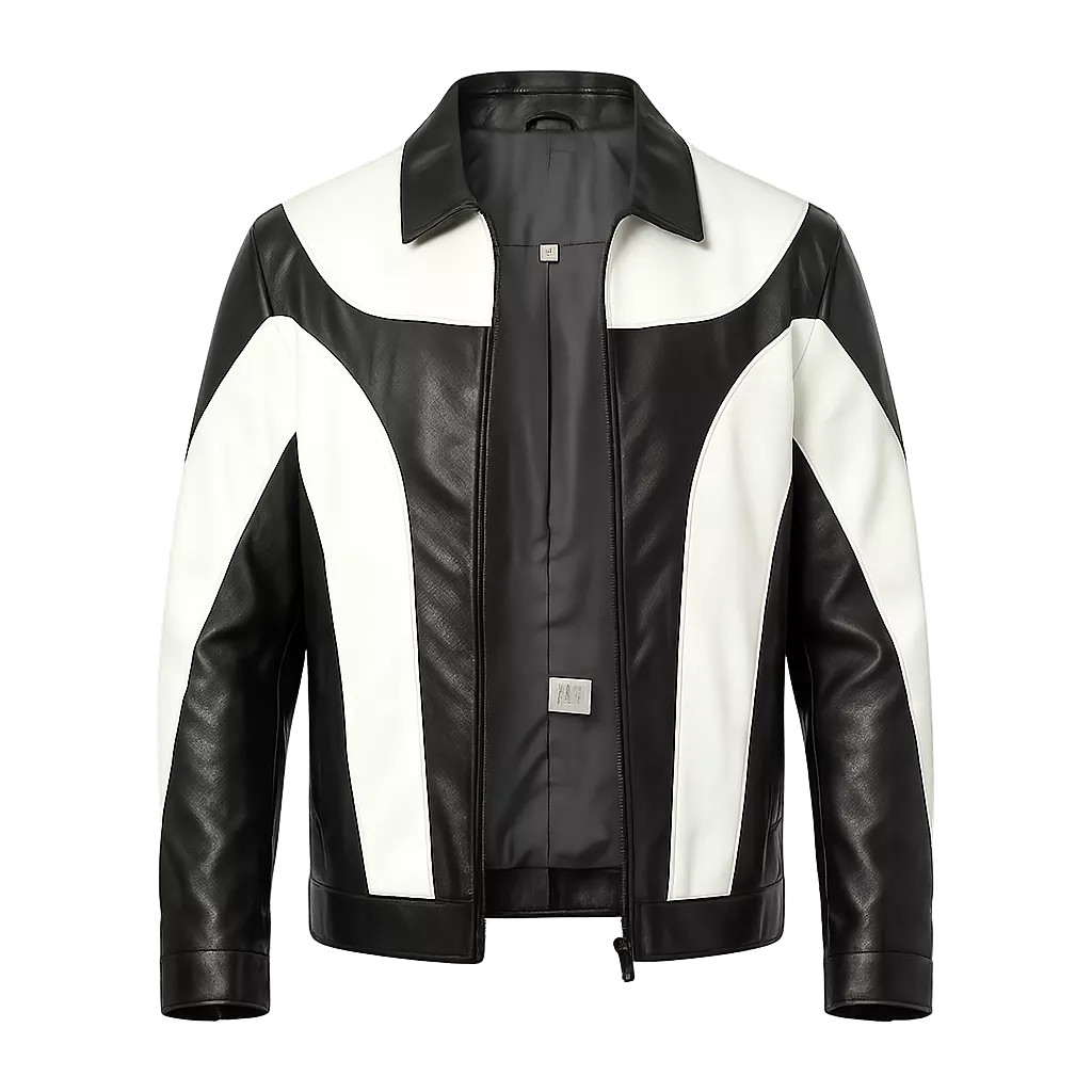 Herren Y2K PU-Leder Color-Block Motorradjacke – Schwarz & Weiß Streetwear Reißverschlussjacke