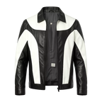 Men's Y2K PU Leather Color-Block Motorcycle Jacket – Black & White Streetwear Zip-Up