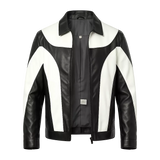 Men's Y2K PU Leather Color-Block Motorcycle Jacket – Black & White Streetwear Zip-Up