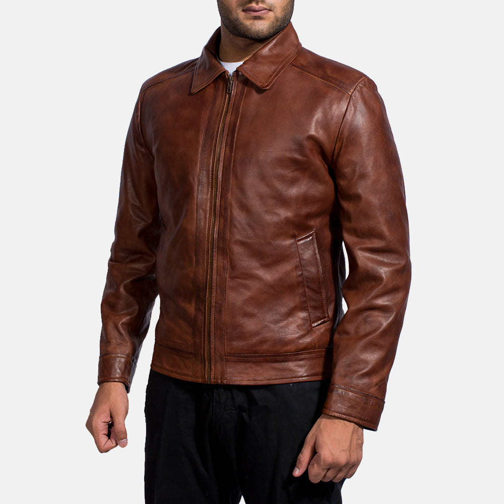 Blouson en cuir marron vintage pour homme – Blouson décontracté zippé en cuir véritable classique