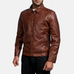 Men's Vintage Brown Leather Jacket – Classic Genuine Leather Zip-Up Casual Jacket