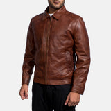Blouson en cuir marron vintage pour homme – Blouson décontracté zippé en cuir véritable classique