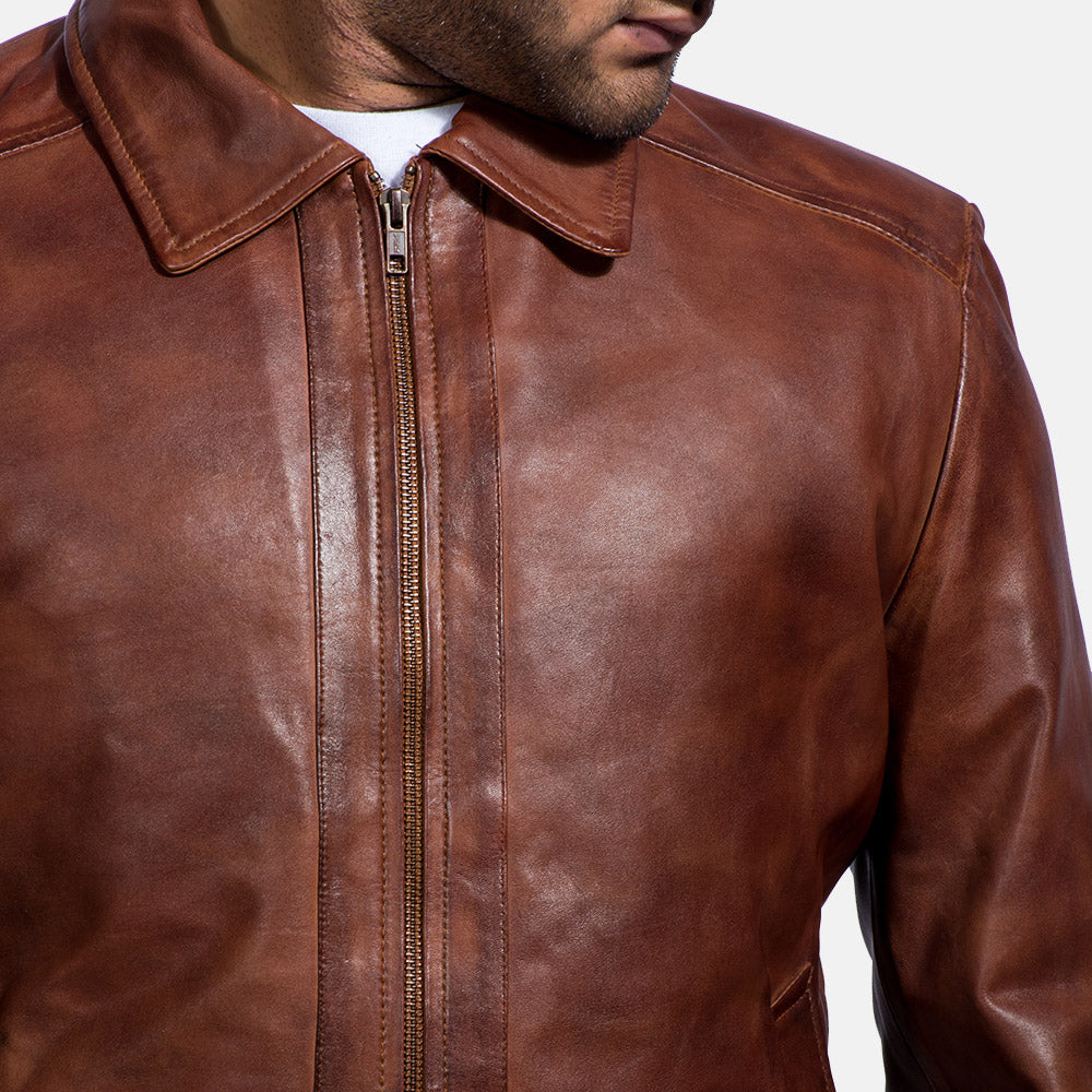 Blouson en cuir marron vintage pour homme – Blouson décontracté zippé en cuir véritable classique