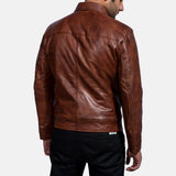Blouson en cuir marron vintage pour homme – Blouson décontracté zippé en cuir véritable classique