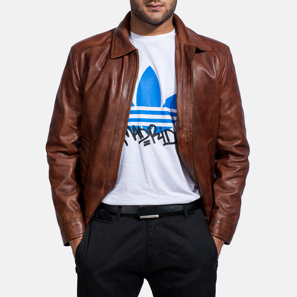 Blouson en cuir marron vintage pour homme – Blouson décontracté zippé en cuir véritable classique