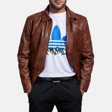 Blouson en cuir marron vintage pour homme – Blouson décontracté zippé en cuir véritable classique