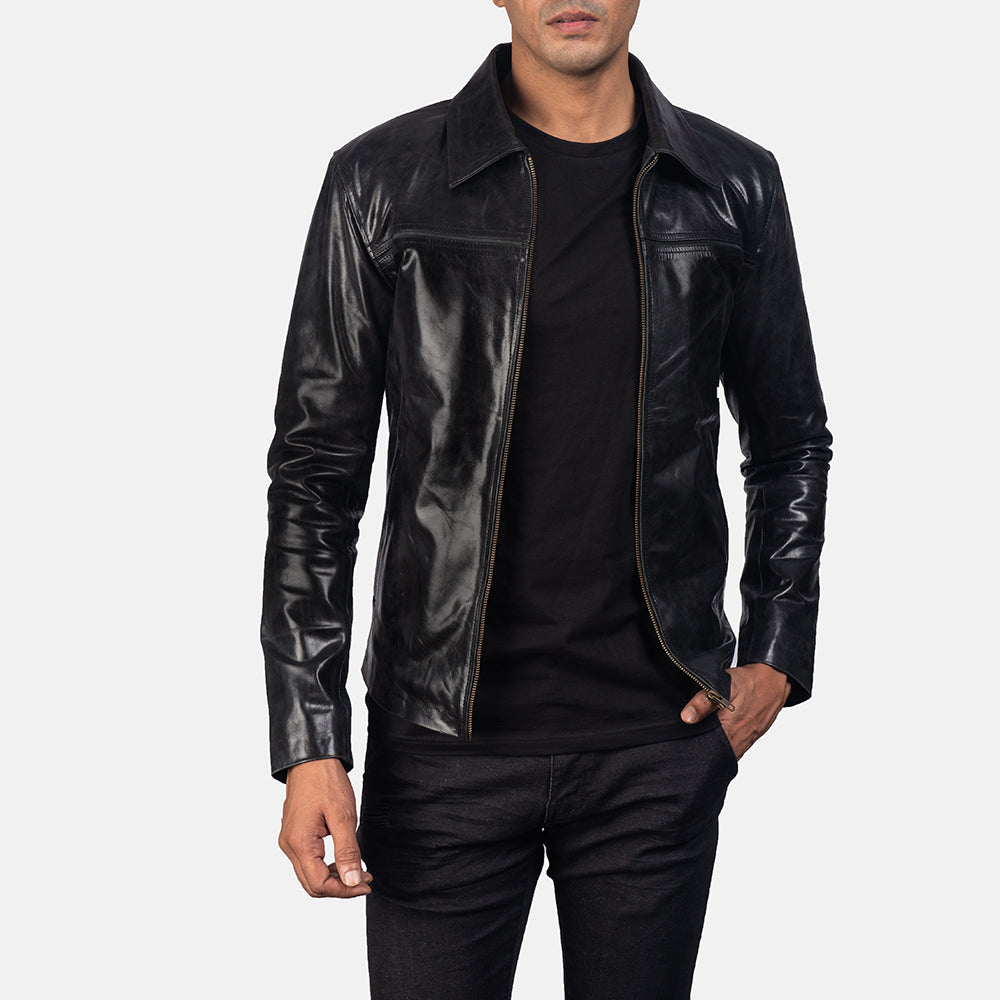 Men's Black Leather Jacket – Classic Genuine Leather Zip-Up Casual Biker Jacket|