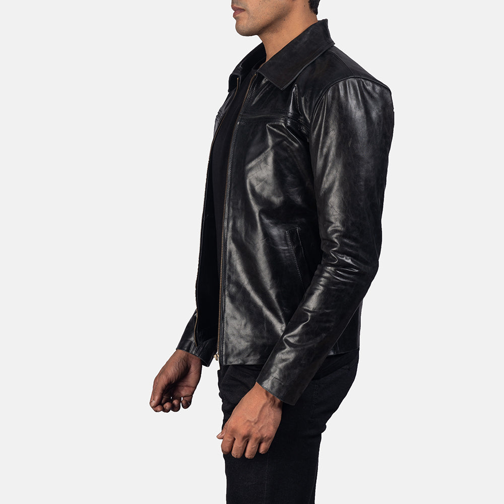 Men's Black Leather Jacket – Classic Genuine Leather Zip-Up Casual Biker Jacket|
