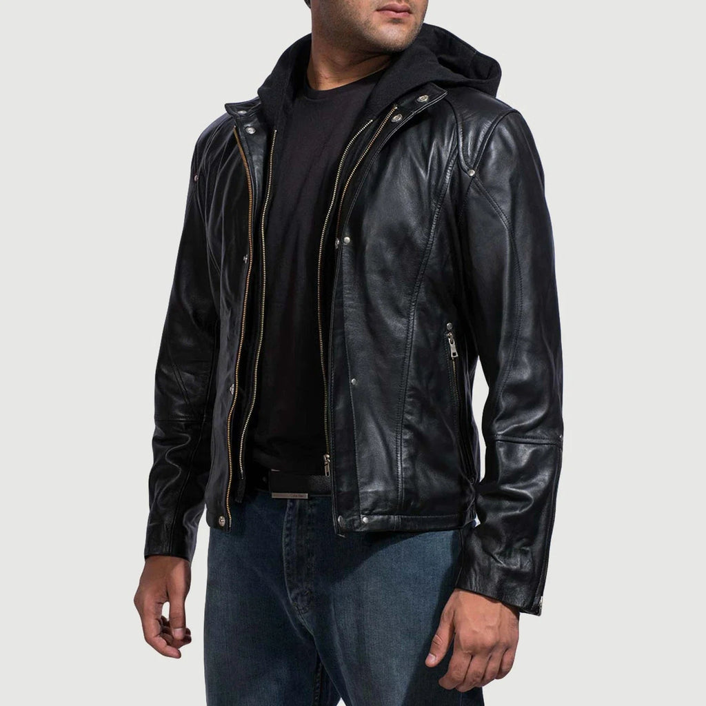 Men’s Black Hooded Leather Jacket – Casual Zip-Up Motorcycle Leather Jacket With Removable Hood