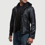 Men’s Black Hooded Leather Jacket – Casual Zip-Up Motorcycle Leather Jacket With Removable Hood