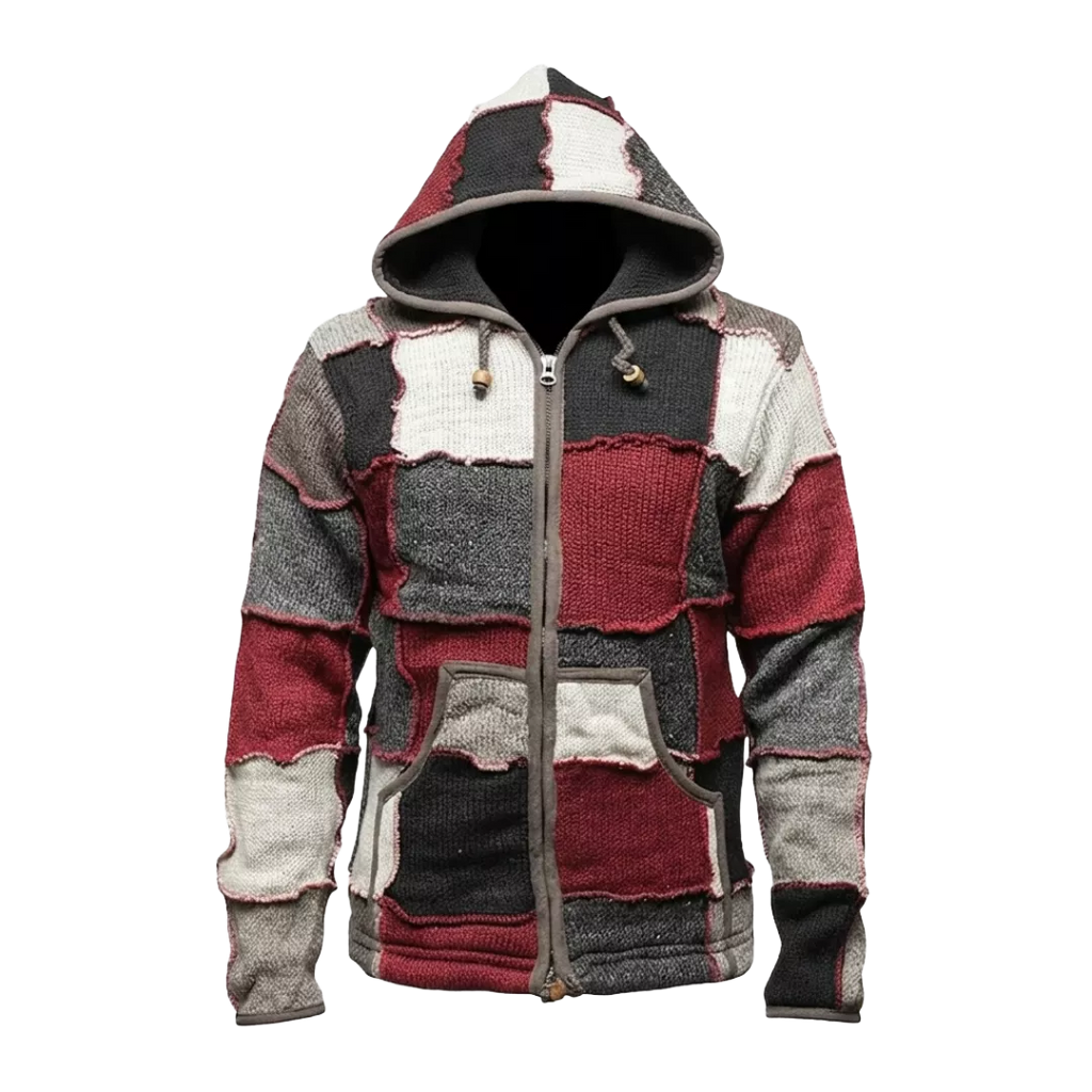 Patchwork-Strickjacke mit Kapuze – Mehrfarbige Winterjacke mit Reißverschluss