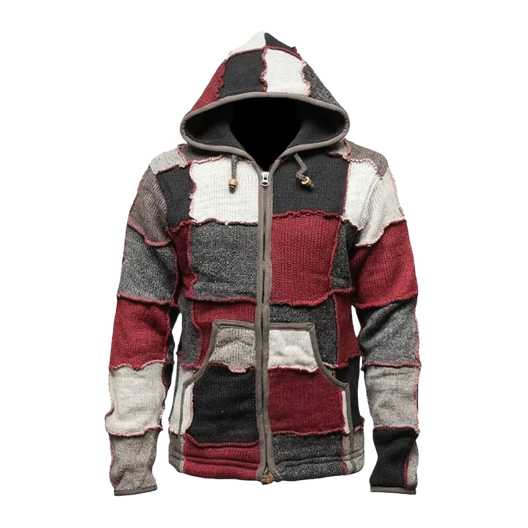 Patchwork-Strickjacke mit Kapuze – Mehrfarbige Winterjacke mit Reißverschluss