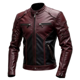 Men's Burgundy Black Leather Jacket, Cafe Racer Motorcycle Jacket, Vintage Biker Leather Coat, Slim Fit Rider Jacket, Fashion Leather Jacket Gift for Him