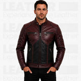 Men's Burgundy Black Leather Jacket, Cafe Racer Motorcycle Jacket, Vintage Biker Leather Coat, Slim Fit Rider Jacket, Fashion Leather Jacket Gift for Him