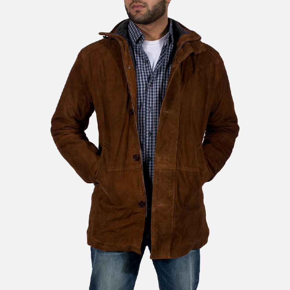 Manteau d'hiver en cuir suédé marron pour homme avec doublure sherpa – Blouson en cuir